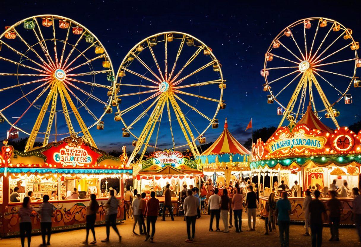 A whimsical scene capturing a vibrant carnival atmosphere, with people joyfully engaging in various adult amusement activities like laughter-filled games, colorful rides, and festive food stalls. Brightly lit attractions in the background, creating an aura of excitement and delight. Include elements of relaxation like lounge areas with cocktails and laughter around a bonfire. The overall mood should be fun and inviting, showcasing the joy of leisure time. super-realistic. vibrant colors. festive style.