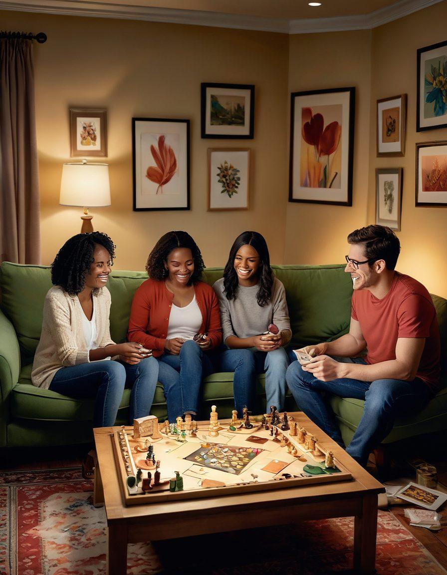 A whimsical and vibrant scene featuring diverse adults engaged in various leisure activities linked to adult entertainment, such as watching a comedy show, playing board games, and exploring artistic hobbies. The background should illustrate a cozy living room with warm colors, playful decor, and hints of laughter in the air. Add soft lighting to create an inviting atmosphere. super-realistic. vibrant colors. cozy ambiance.