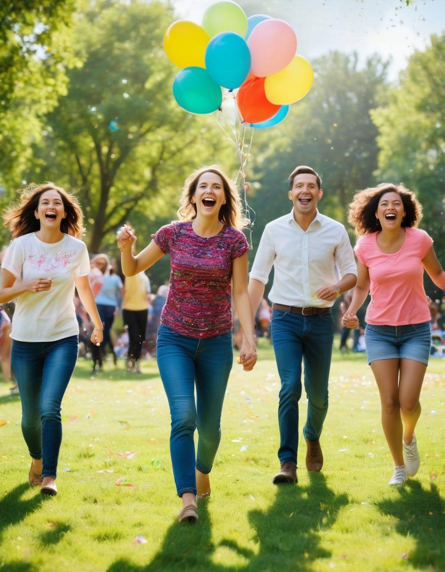 A group of adults joyfully participating in various recreational activities, showcasing laughter and connection. Incorporate vibrant colors that evoke a sense of euphoria, with elements like confetti and colorful balloons in the background. The scene should convey a festive atmosphere, emphasizing engagement and fun among friends. Include bright, sunny outdoor settings. super-realistic. vibrant colors. cheerful ambiance.